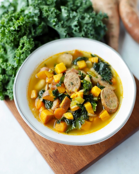 Kale, Sausage & Sweet Potato Soup recipe image