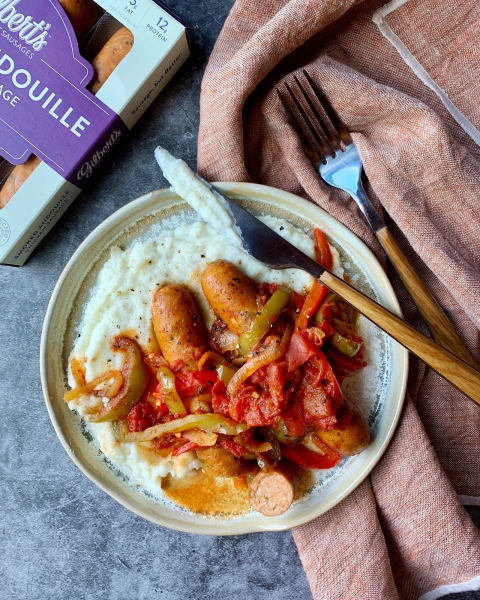 Andouille Sausage, Peppers & Onions with Caulimash recipe image