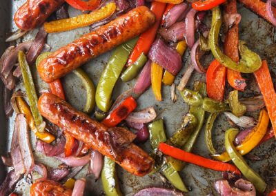 Sheet Pan Chicken Sausages with Balsamic Peppers & Onions
